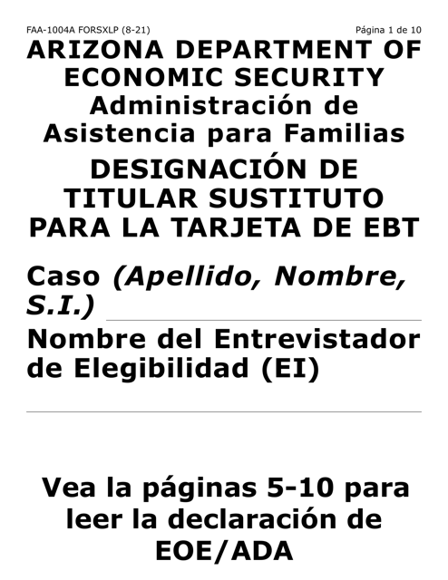 Form FAA-1004A-XLP Designation of Ebt Alternate Card Holder (Extra Large Print) - Arizona (English/Spanish)