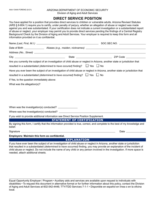 Form FAA-1344A Direct Service Position - Arizona