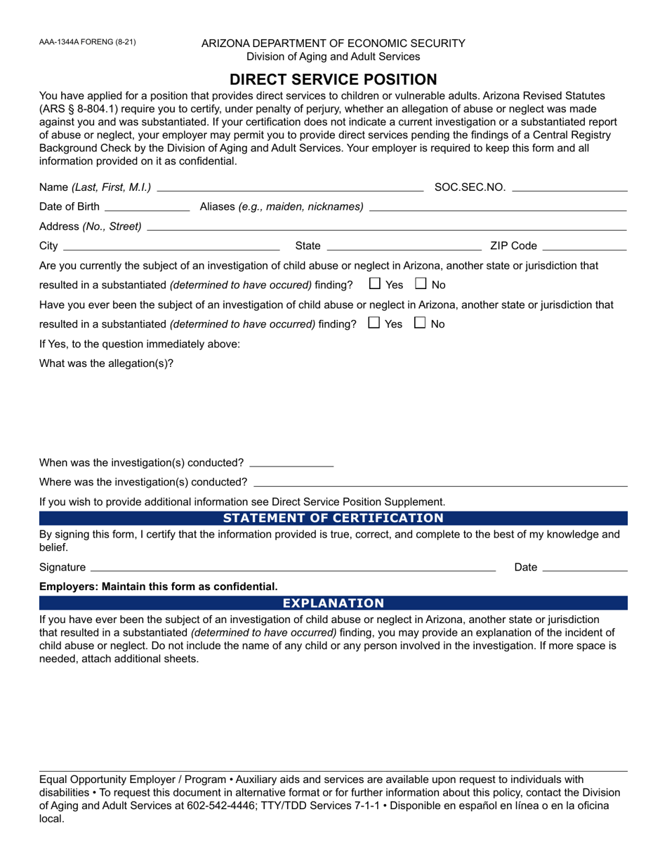 Form FAA-1344A Direct Service Position - Arizona, Page 1
