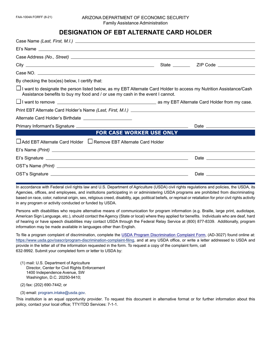 Form FAA-1004A Designation of Ebt Alternate Card Holder - Arizona, Page 1