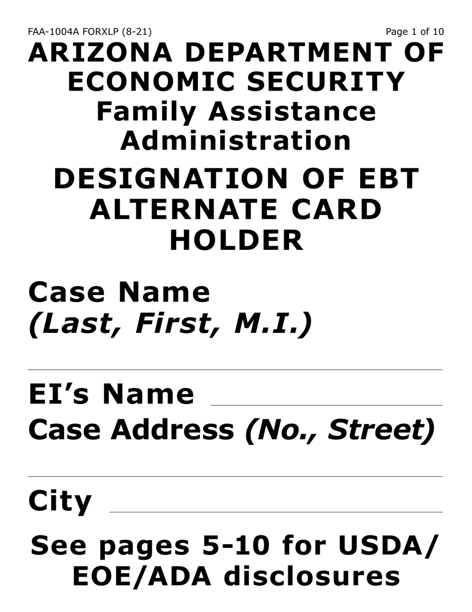 Form FAA-1004A-XLP Designation of Ebt Alternate Card Holder (Extra Large Print) - Arizona, Page 1