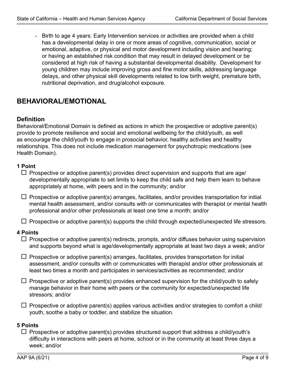 Form AAP9A Adoption Assistance Program (Aap) Level of Care Rate Determination Protocol Matrix - California, Page 4