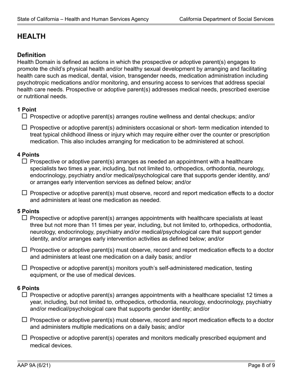 Form AAP9A Adoption Assistance Program (Aap) Level of Care Rate Determination Protocol Matrix - California, Page 8