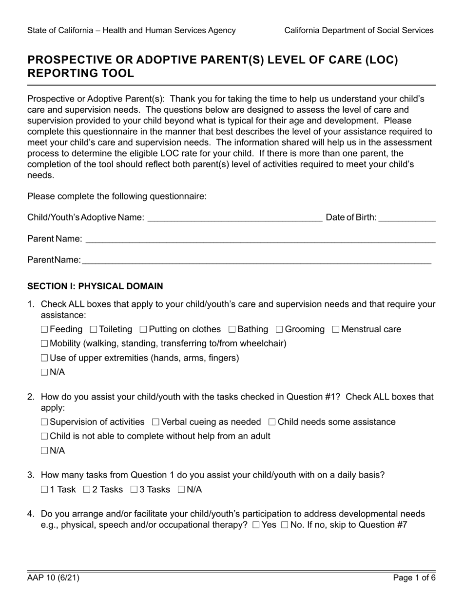 Form AAP10 Prospective or Adoptive Parent(S) Level of Care (Loc) Reporting Tool - California, Page 1