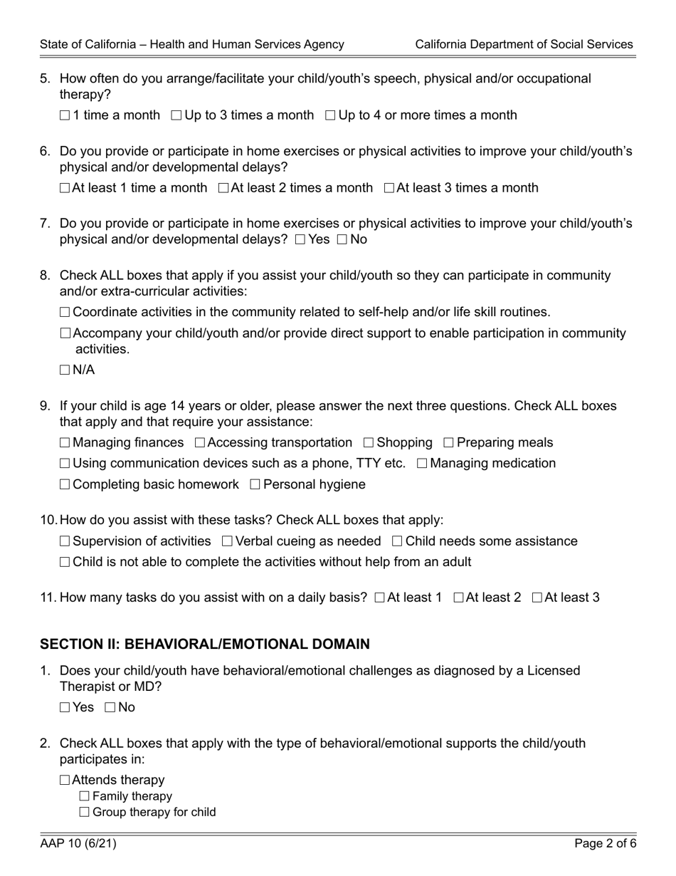 Form AAP10 Prospective or Adoptive Parent(S) Level of Care (Loc) Reporting Tool - California, Page 2