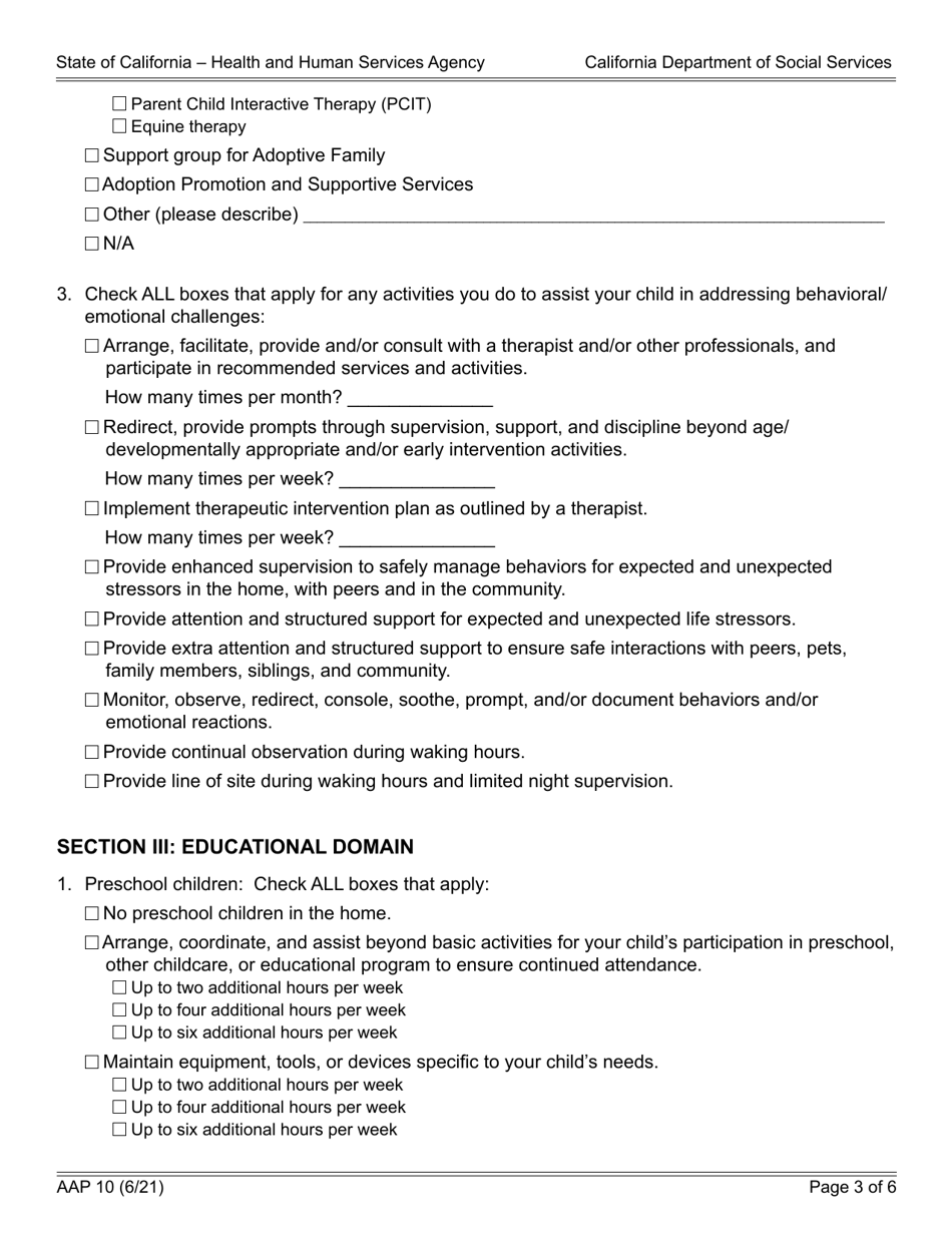 Form AAP10 Prospective or Adoptive Parent(S) Level of Care (Loc) Reporting Tool - California, Page 3