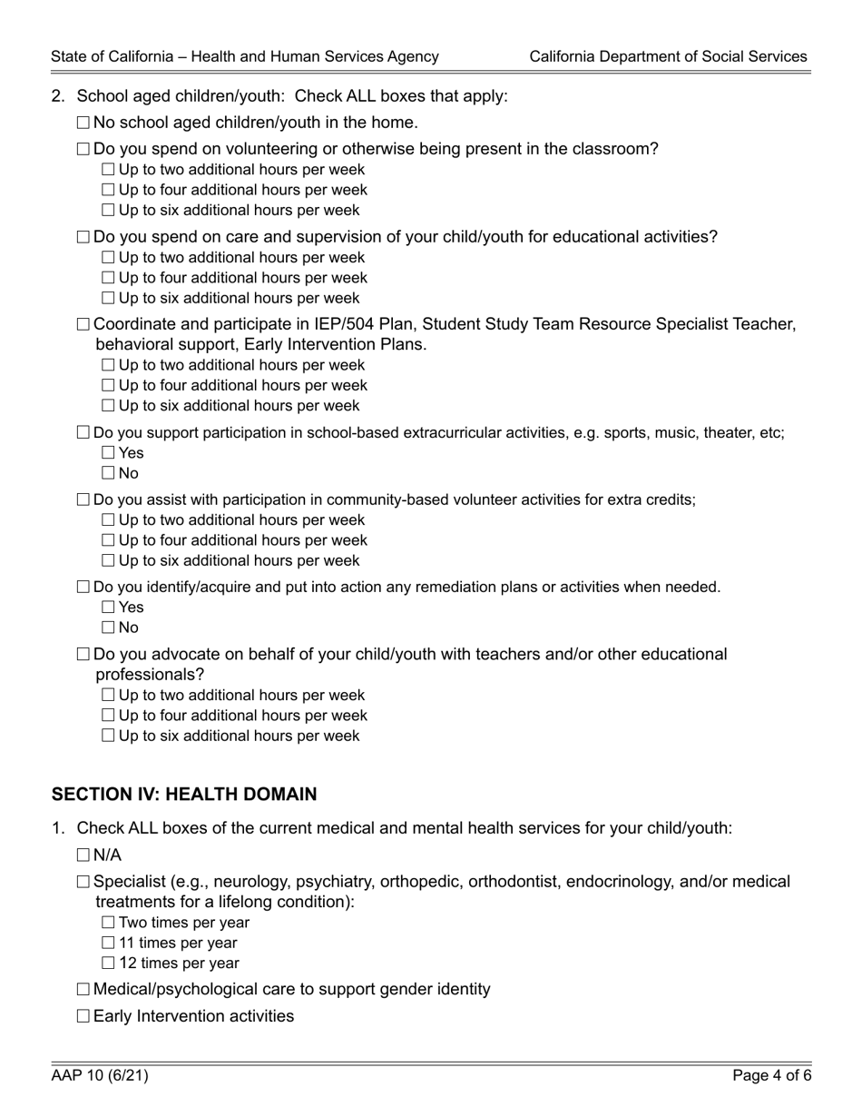 Form AAP10 Prospective or Adoptive Parent(S) Level of Care (Loc) Reporting Tool - California, Page 4