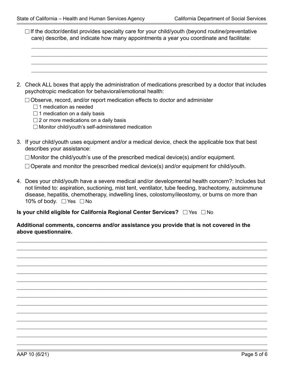 Form AAP10 Prospective or Adoptive Parent(S) Level of Care (Loc) Reporting Tool - California, Page 5