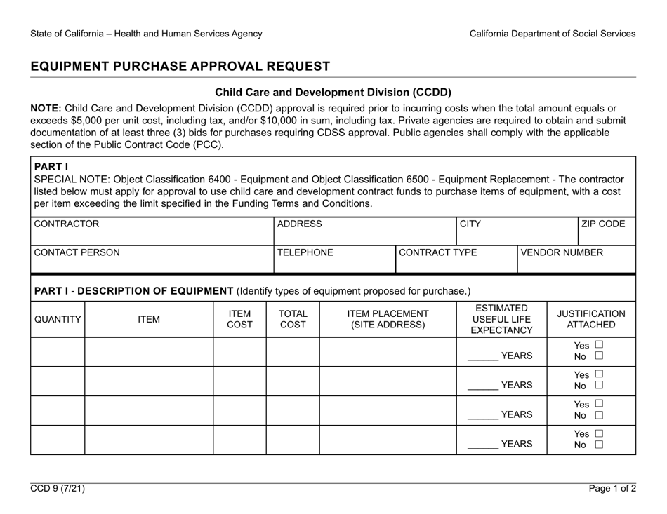 Form CCD9 Equipment Purchase Approval Request - California, Page 1