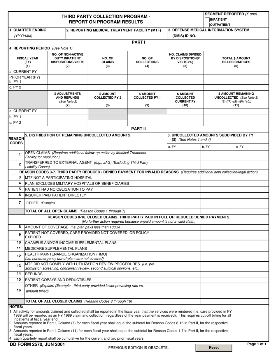 DD Form 2570 Third Party Collection Program - Report on Program Results, Page 1