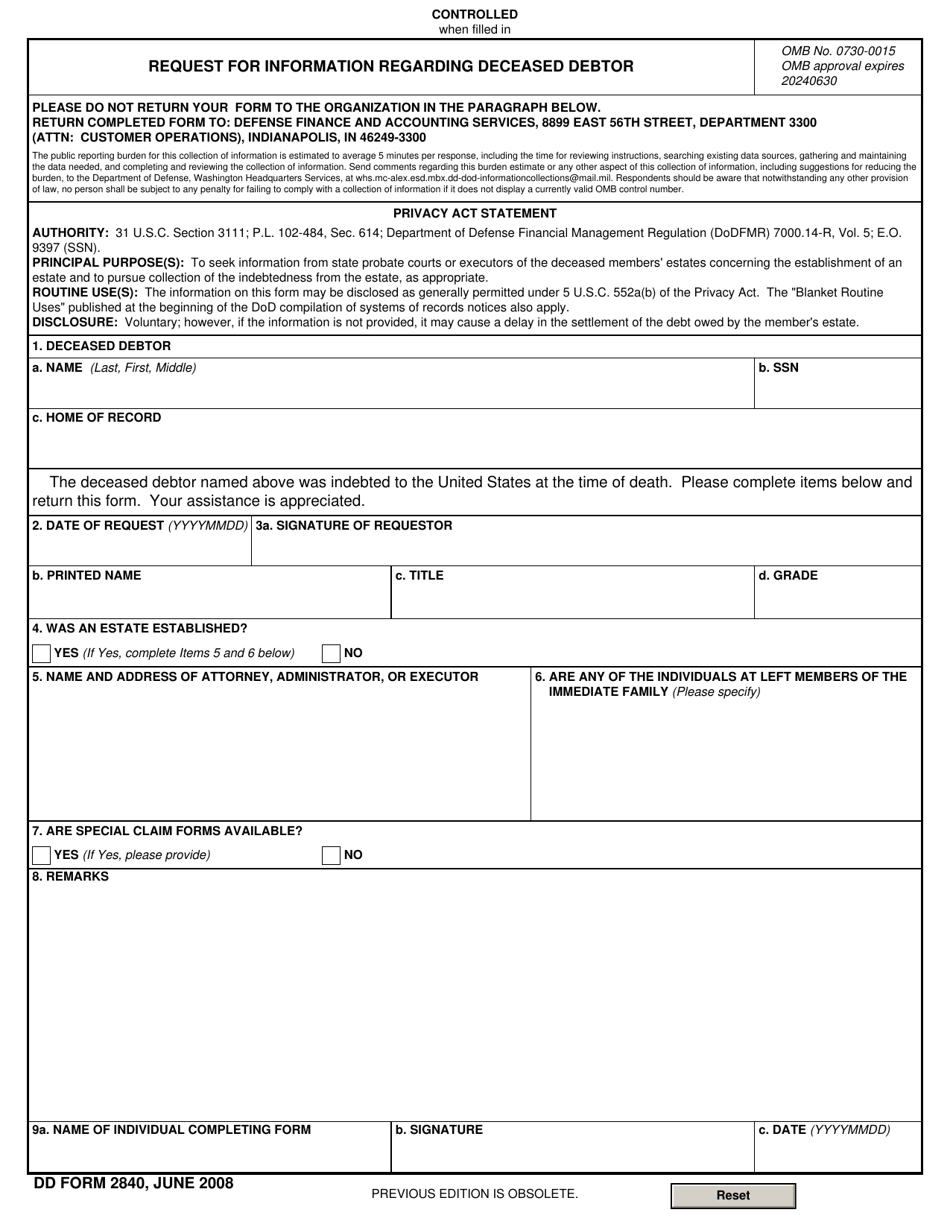 DD Form 2840 Request for Information Regarding Deceased Debtor, Page 1