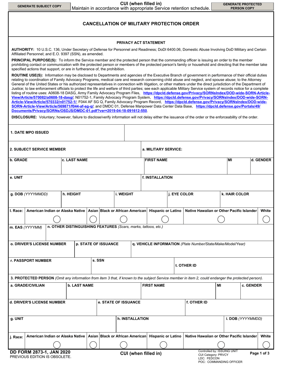DD Form 2873-1 Cancellation of Military Protection Order, Page 1