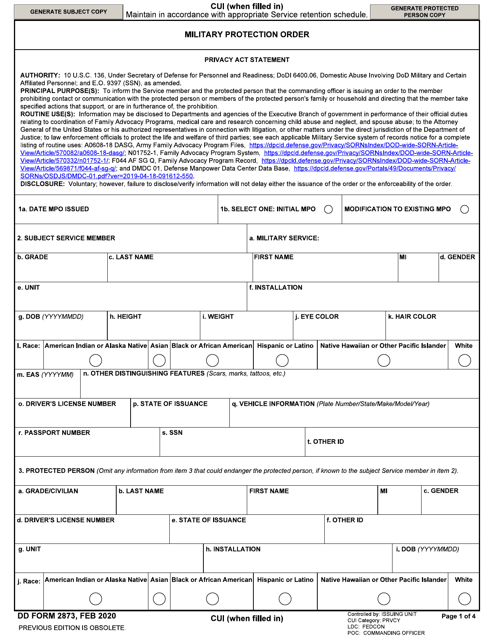 DD Form 2873 Military Protection Order