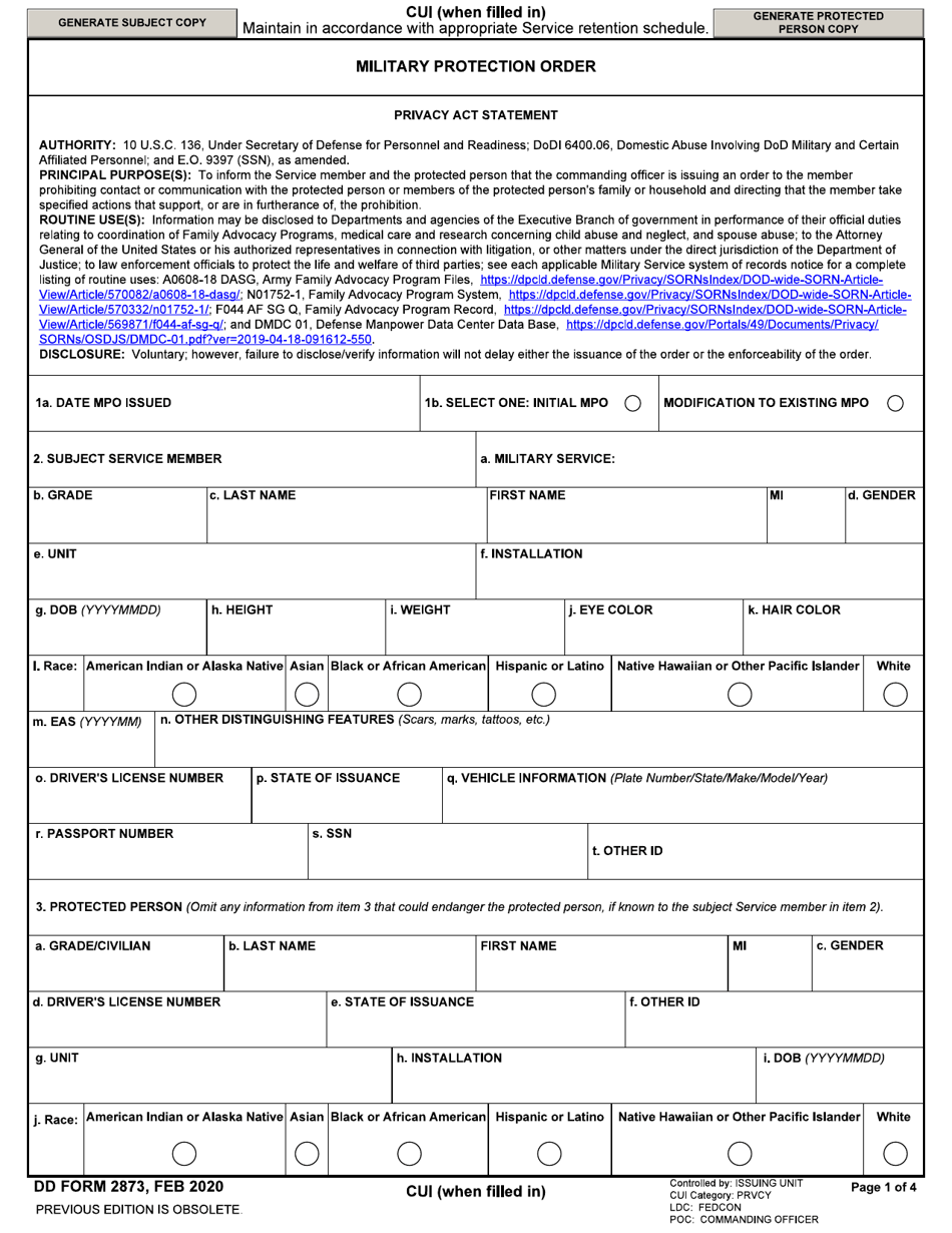 DD Form 2873 Military Protection Order, Page 1