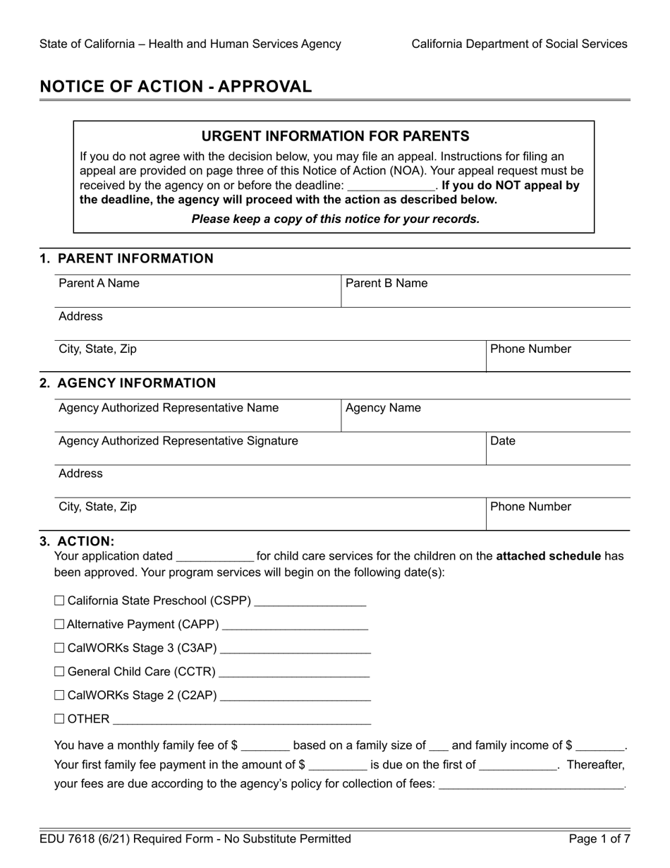 Form EDU7618 Notice of Action - Approval - California, Page 1