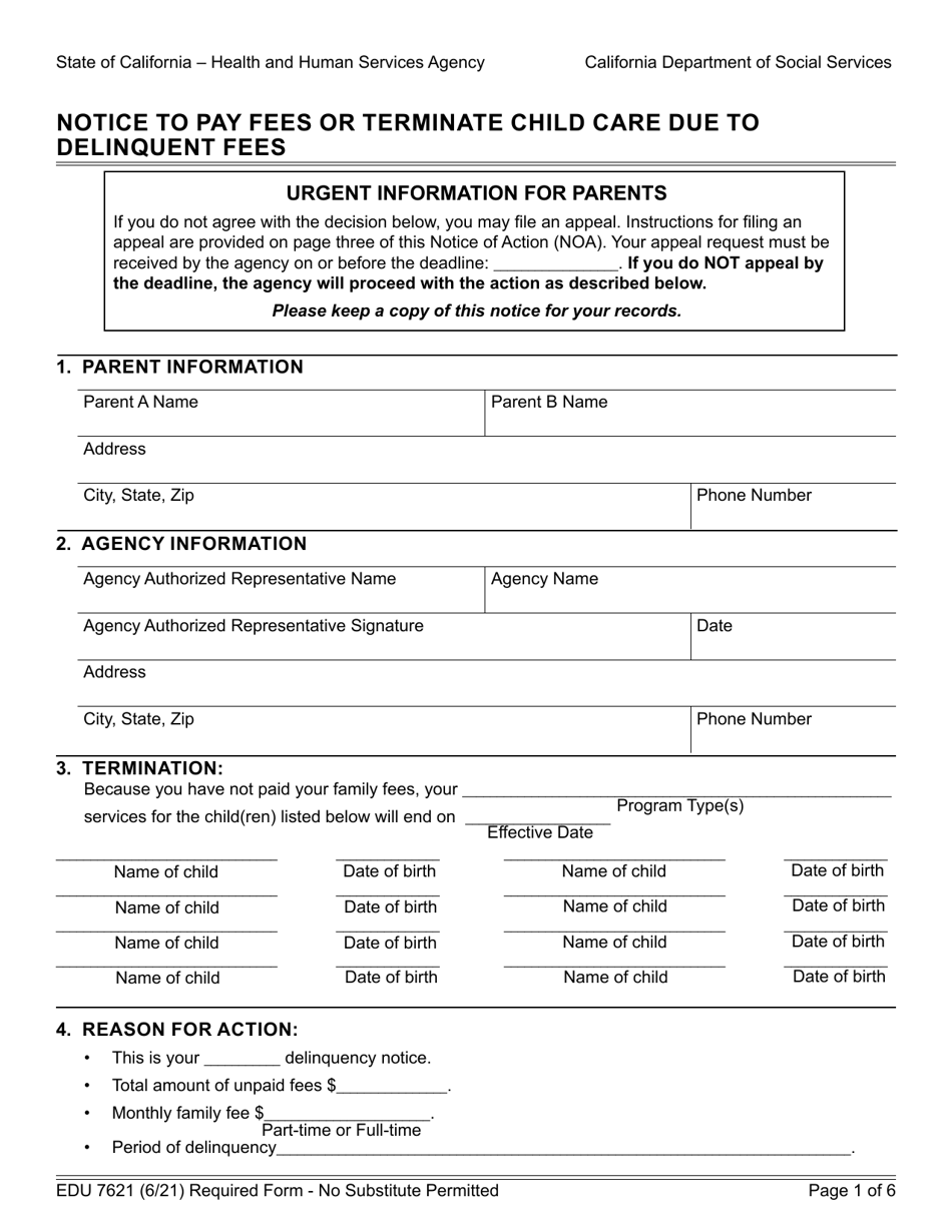 Form EDU7621 Notice to Pay Fees or Terminate Child Care Due to Delinquent Fees - California, Page 1
