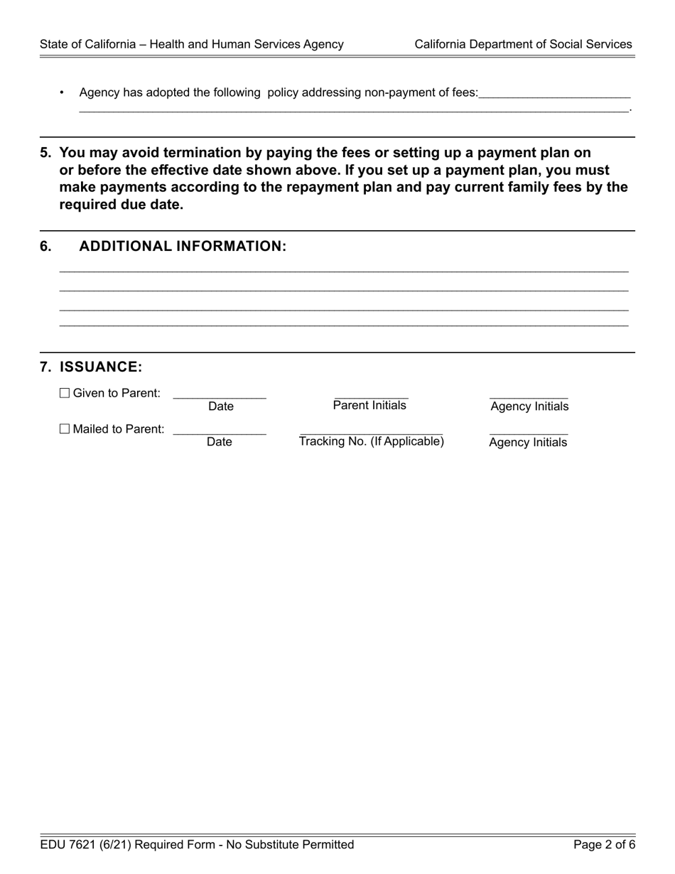 Form EDU7621 Notice to Pay Fees or Terminate Child Care Due to Delinquent Fees - California, Page 2