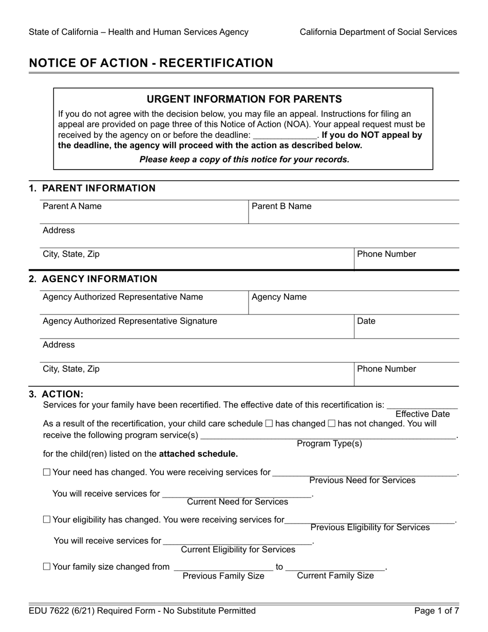 Form EDU7622 Notice of Action - Recertification - California, Page 1
