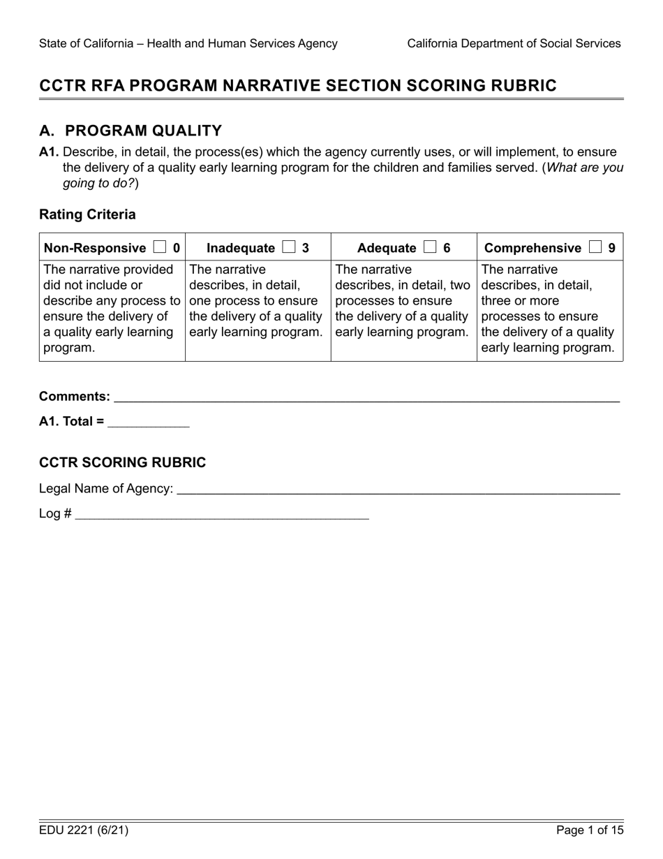 Form EDU2221 Cctr Rfa Program Narrative Section Scoring Rubric - California, Page 1