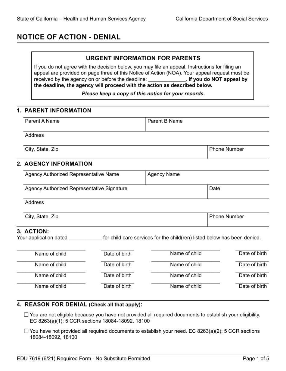 Form EDU7619 Notice of Action - Denial - California, Page 1