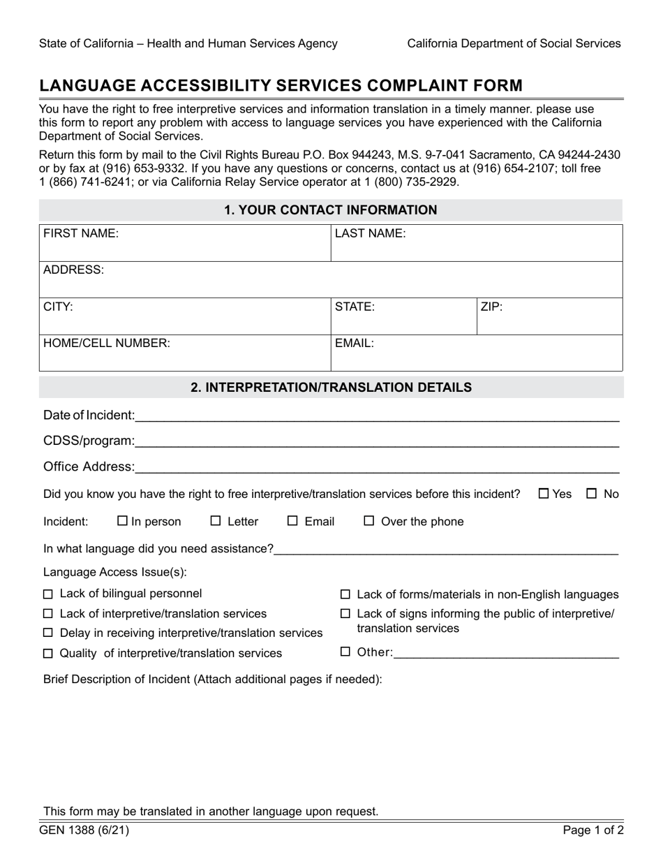 Form GEN1388 Language Accessibility Services Complaint Form - California, Page 1