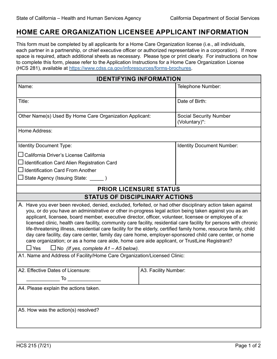 Form HCS215 Fill Out Sign Online And Download Fillable PDF   Form Hcs215 Home Care Organization Licensee Applicant Information California Print Big 