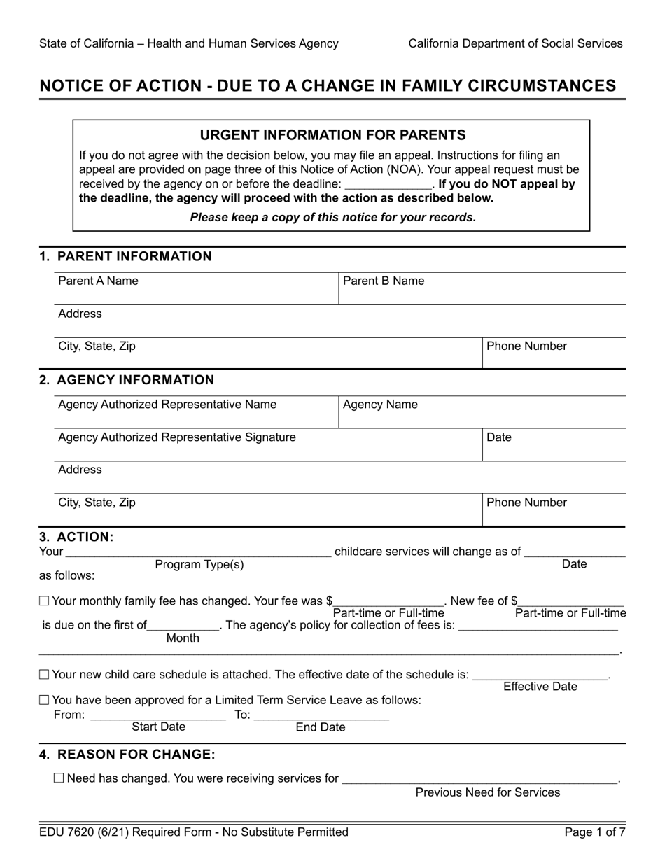 Form EDU7620 Notice of Action - Due to a Change in Family Circumstances - California, Page 1