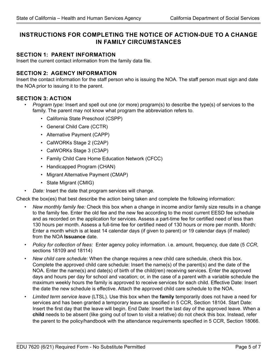 Form EDU7620 Notice of Action - Due to a Change in Family Circumstances - California, Page 5