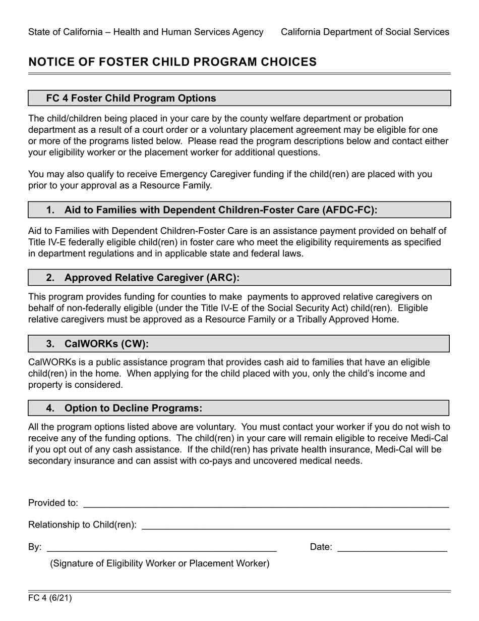 Form FC4 Notice of Foster Child Program Choices - California, Page 1