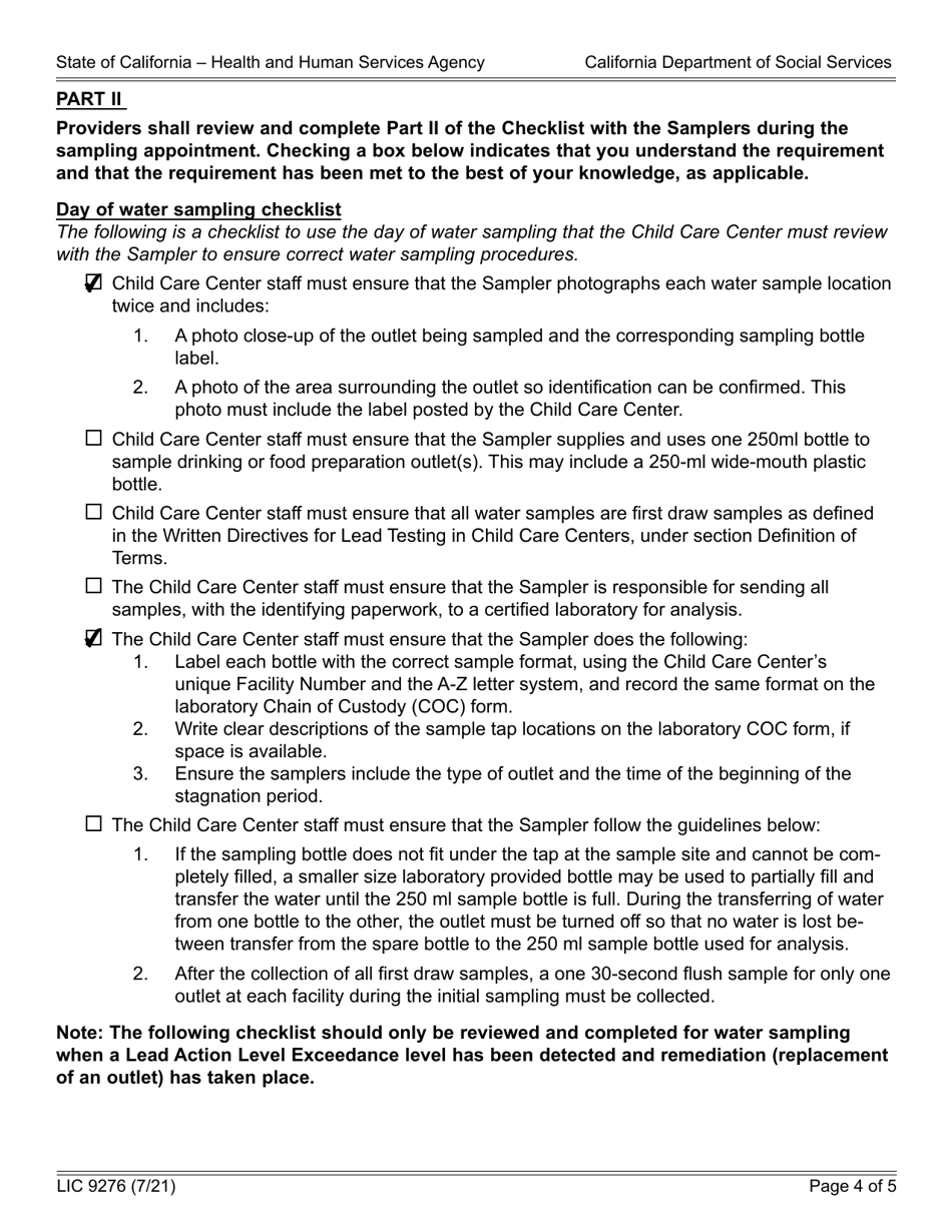 Form LIC9276 Child Care Center Sampling Checklist Form - California, Page 4