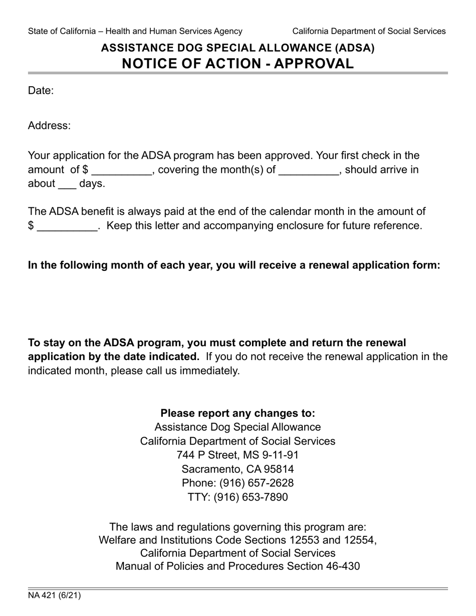 Form NA421 Assistance Dog Special Allowance (Adsa) - Notice of Action - Approval - California, Page 1