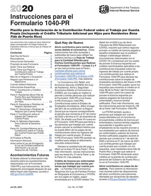 IRS Formulario 1040-PR 2020 Printable Pdf