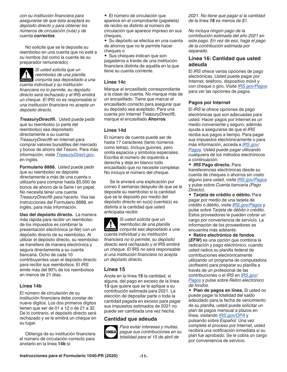 Instrucciones para IRS Formulario 1040-PR Planilla Para La Declaracion De La Contribucion Federal Sobre El Trabajo Por Cuenta Propia (Incluyendo El Credito Tributario Adicional Por Hijos Para Residentes Bona Fide De Puerto Rico) (Puerto Rican Spanish), Page 11