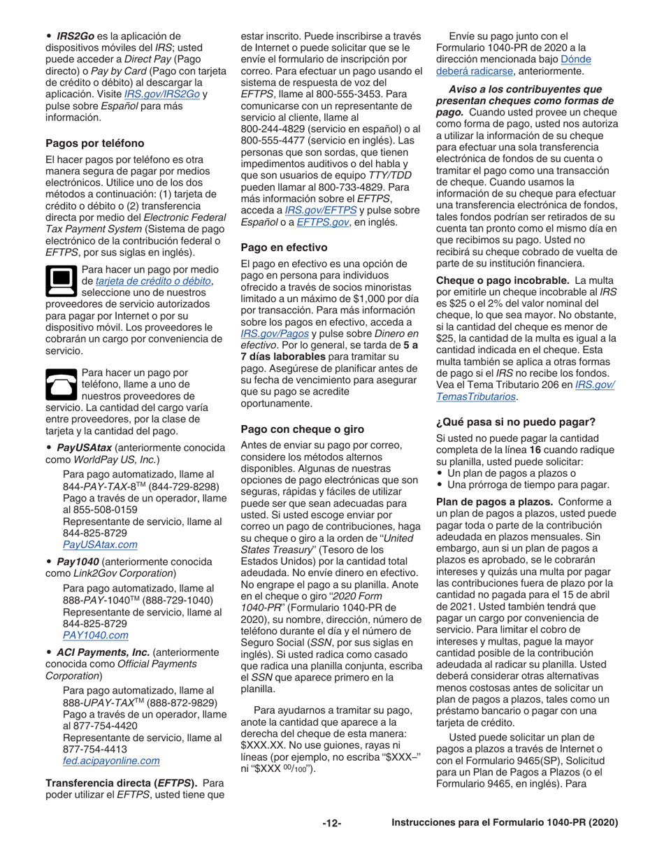 Instrucciones para IRS Formulario 1040-PR Planilla Para La Declaracion De La Contribucion Federal Sobre El Trabajo Por Cuenta Propia (Incluyendo El Credito Tributario Adicional Por Hijos Para Residentes Bona Fide De Puerto Rico) (Puerto Rican Spanish), Page 12