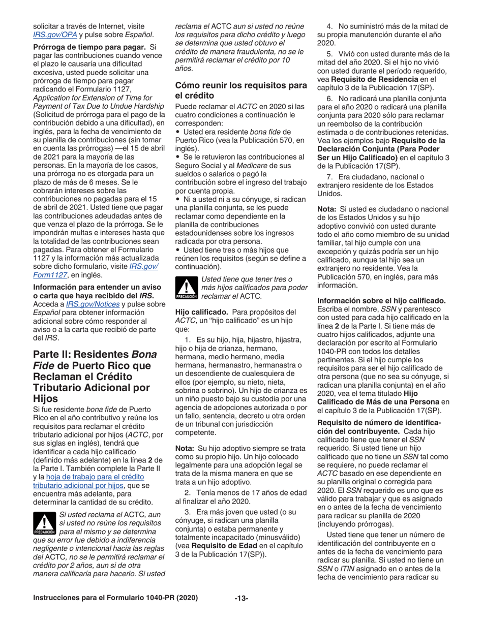 Instrucciones para IRS Formulario 1040-PR Planilla Para La Declaracion De La Contribucion Federal Sobre El Trabajo Por Cuenta Propia (Incluyendo El Credito Tributario Adicional Por Hijos Para Residentes Bona Fide De Puerto Rico) (Puerto Rican Spanish), Page 13