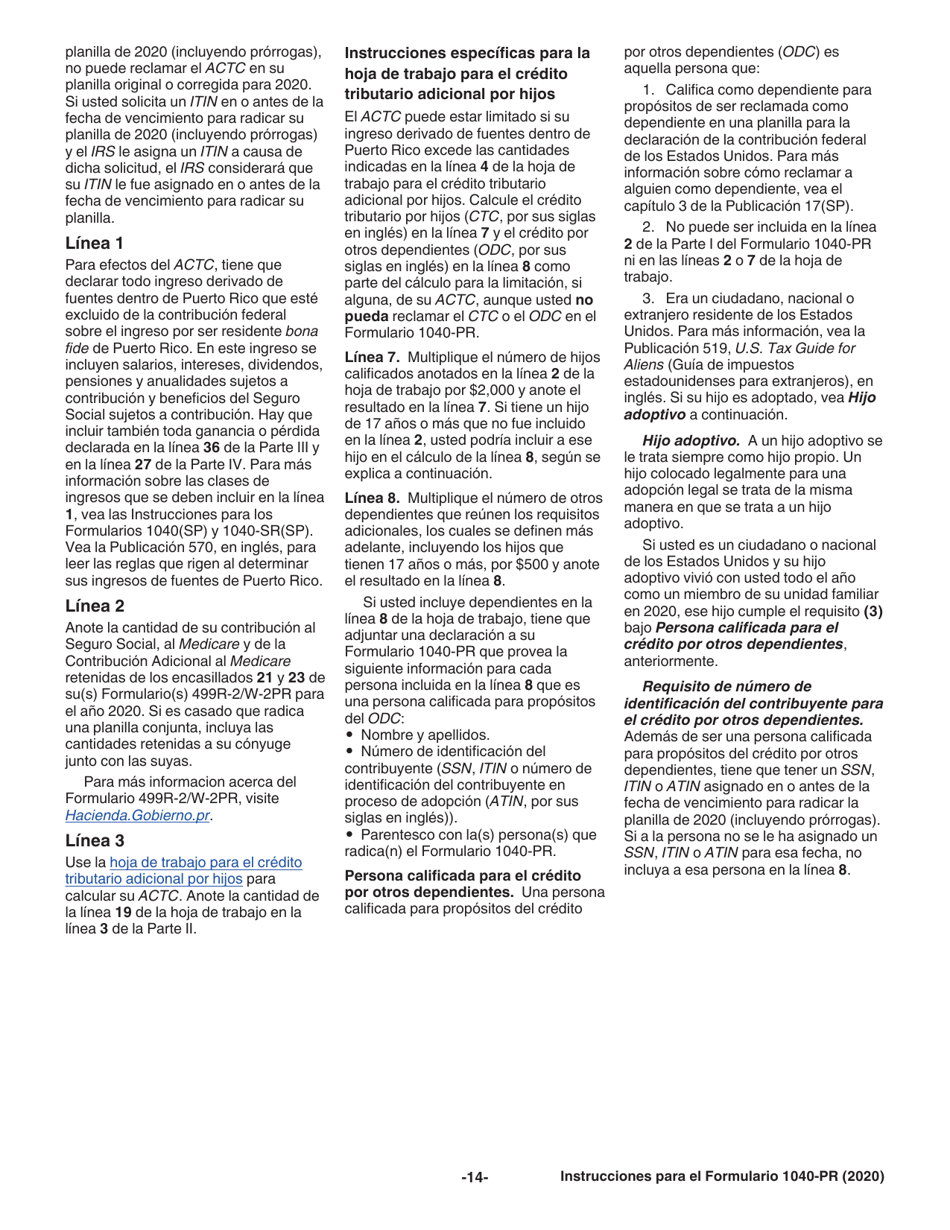 Instrucciones para IRS Formulario 1040-PR Planilla Para La Declaracion De La Contribucion Federal Sobre El Trabajo Por Cuenta Propia (Incluyendo El Credito Tributario Adicional Por Hijos Para Residentes Bona Fide De Puerto Rico) (Puerto Rican Spanish), Page 14