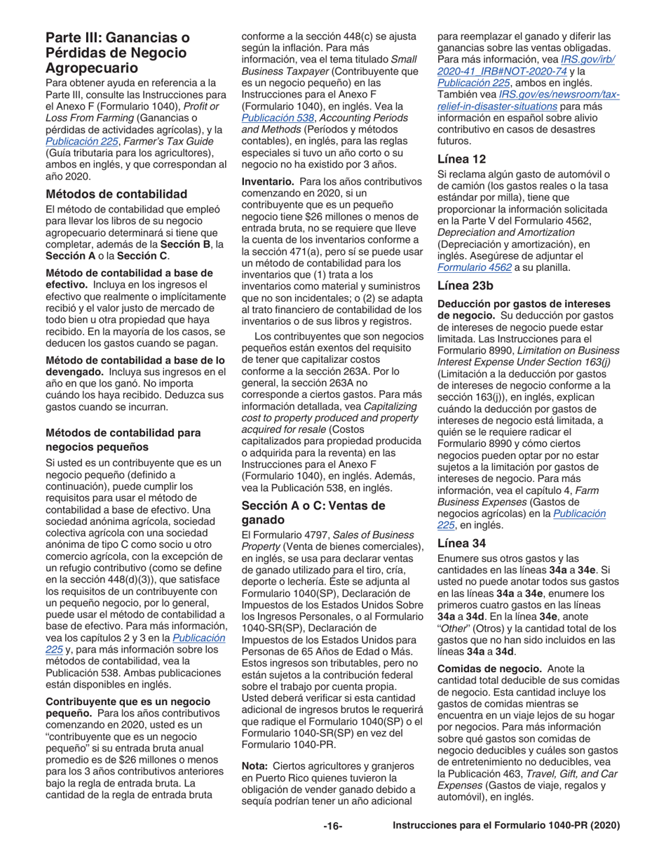 Instrucciones para IRS Formulario 1040-PR Planilla Para La Declaracion De La Contribucion Federal Sobre El Trabajo Por Cuenta Propia (Incluyendo El Credito Tributario Adicional Por Hijos Para Residentes Bona Fide De Puerto Rico) (Puerto Rican Spanish), Page 16