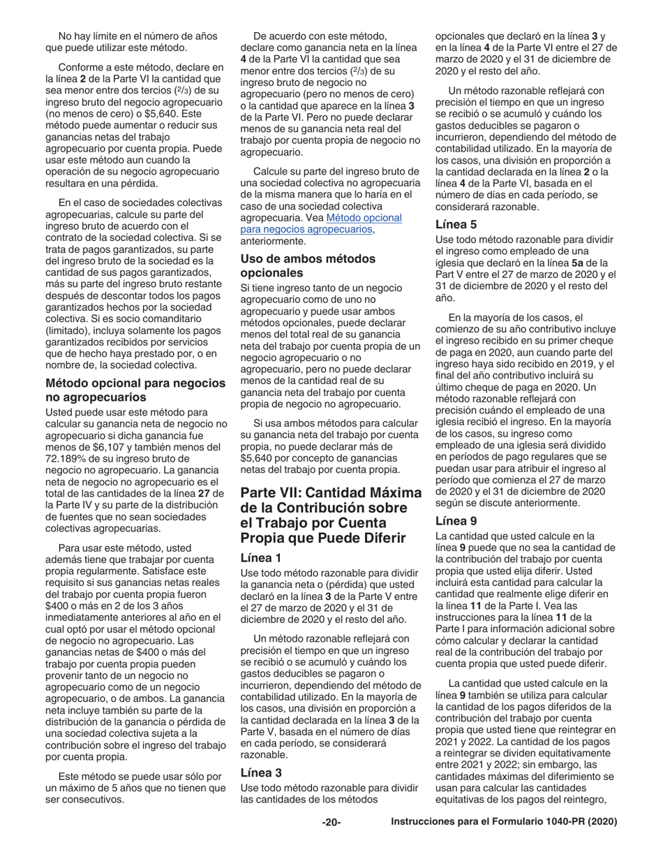 Instrucciones para IRS Formulario 1040-PR Planilla Para La Declaracion De La Contribucion Federal Sobre El Trabajo Por Cuenta Propia (Incluyendo El Credito Tributario Adicional Por Hijos Para Residentes Bona Fide De Puerto Rico) (Puerto Rican Spanish), Page 20