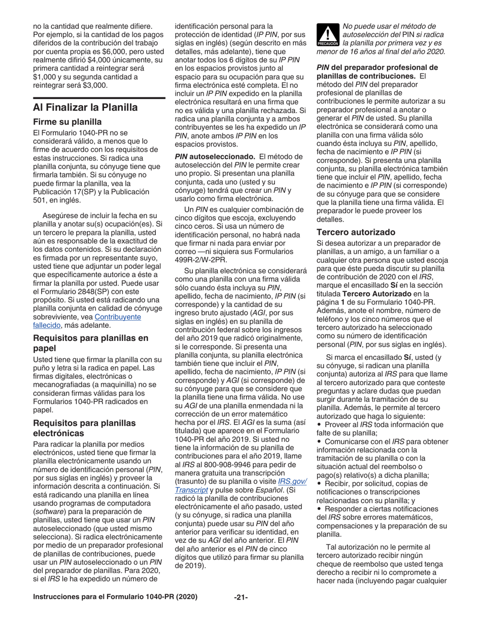 Instrucciones para IRS Formulario 1040-PR Planilla Para La Declaracion De La Contribucion Federal Sobre El Trabajo Por Cuenta Propia (Incluyendo El Credito Tributario Adicional Por Hijos Para Residentes Bona Fide De Puerto Rico) (Puerto Rican Spanish), Page 21