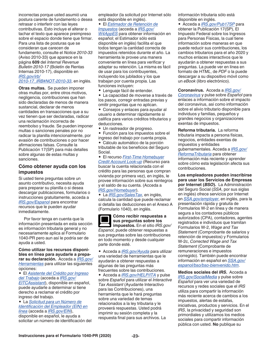 Instrucciones para IRS Formulario 1040-PR Planilla Para La Declaracion De La Contribucion Federal Sobre El Trabajo Por Cuenta Propia (Incluyendo El Credito Tributario Adicional Por Hijos Para Residentes Bona Fide De Puerto Rico) (Puerto Rican Spanish), Page 23