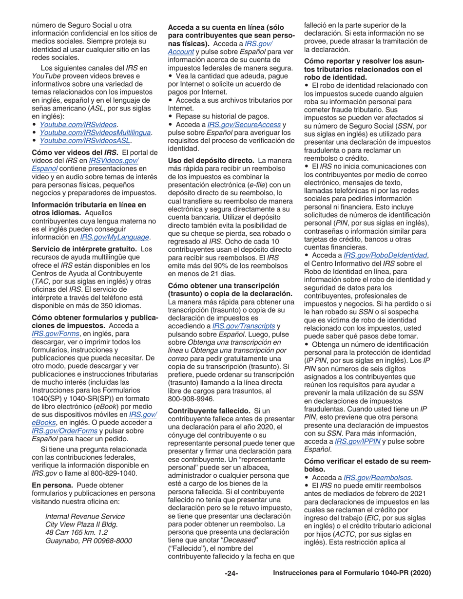 Instrucciones para IRS Formulario 1040-PR Planilla Para La Declaracion De La Contribucion Federal Sobre El Trabajo Por Cuenta Propia (Incluyendo El Credito Tributario Adicional Por Hijos Para Residentes Bona Fide De Puerto Rico) (Puerto Rican Spanish), Page 24