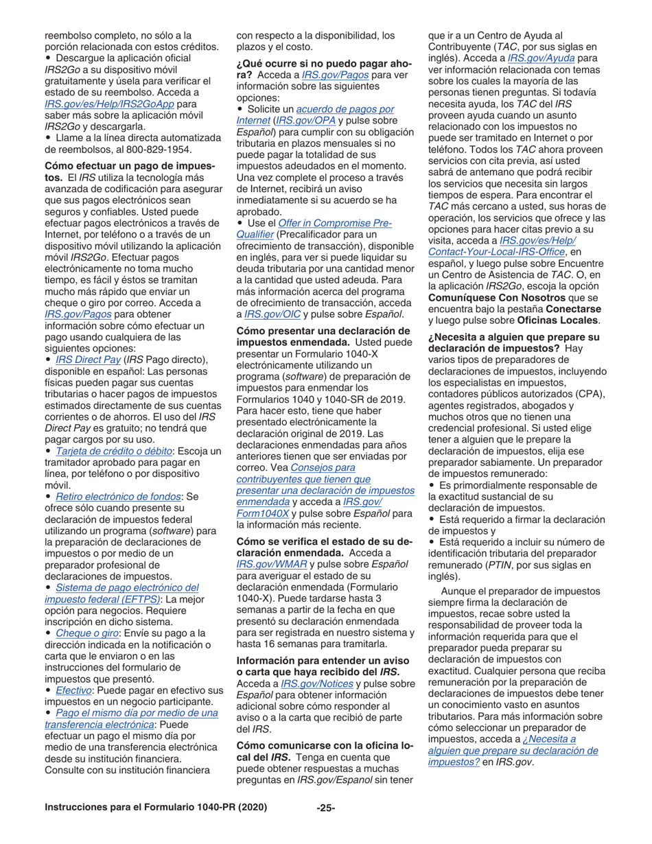 Instrucciones para IRS Formulario 1040-PR Planilla Para La Declaracion De La Contribucion Federal Sobre El Trabajo Por Cuenta Propia (Incluyendo El Credito Tributario Adicional Por Hijos Para Residentes Bona Fide De Puerto Rico) (Puerto Rican Spanish), Page 25