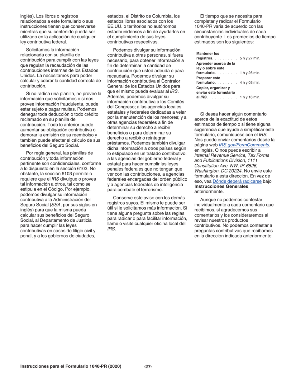 Instrucciones para IRS Formulario 1040-PR Planilla Para La Declaracion De La Contribucion Federal Sobre El Trabajo Por Cuenta Propia (Incluyendo El Credito Tributario Adicional Por Hijos Para Residentes Bona Fide De Puerto Rico) (Puerto Rican Spanish), Page 27