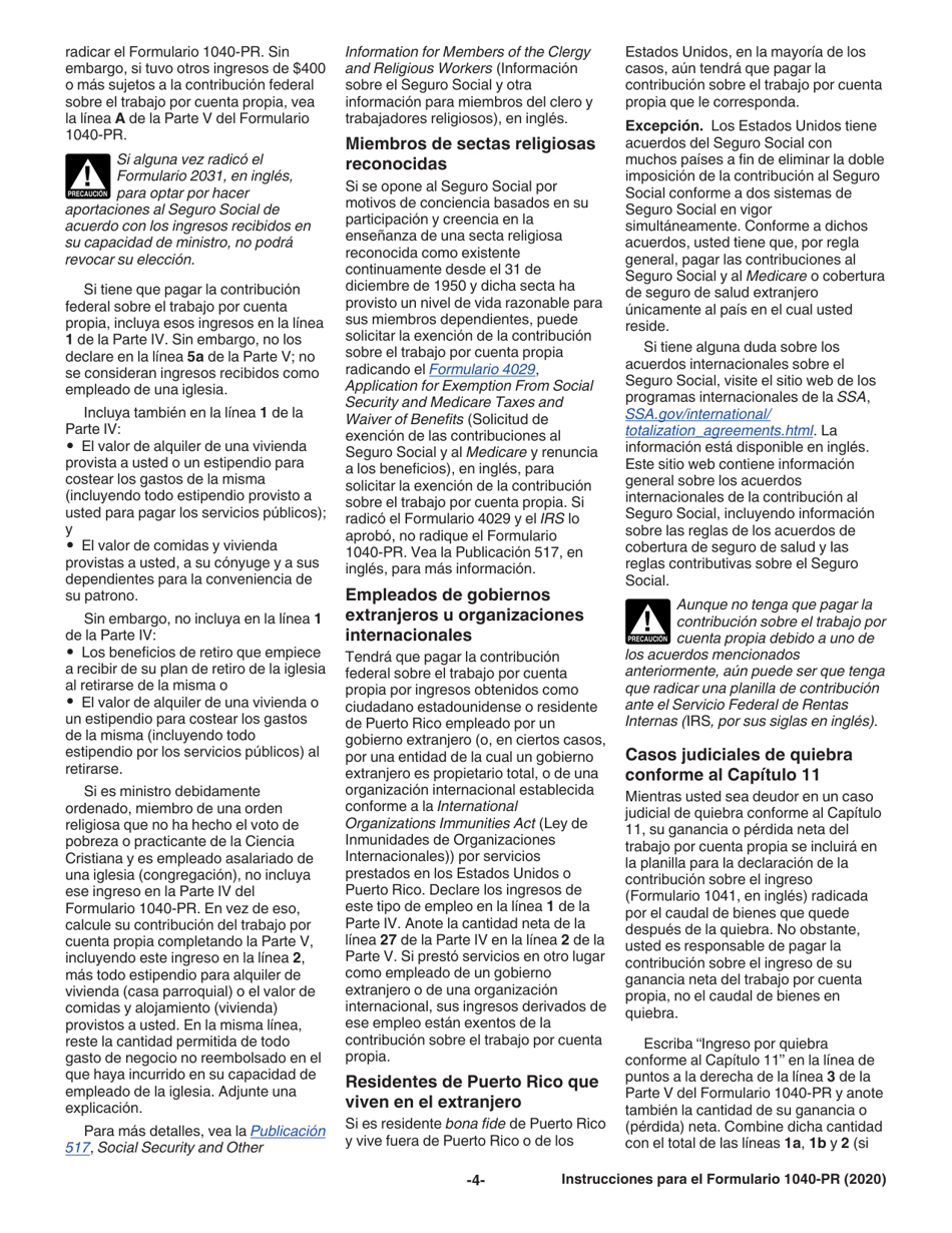 Instrucciones para IRS Formulario 1040-PR Planilla Para La Declaracion De La Contribucion Federal Sobre El Trabajo Por Cuenta Propia (Incluyendo El Credito Tributario Adicional Por Hijos Para Residentes Bona Fide De Puerto Rico) (Puerto Rican Spanish), Page 4