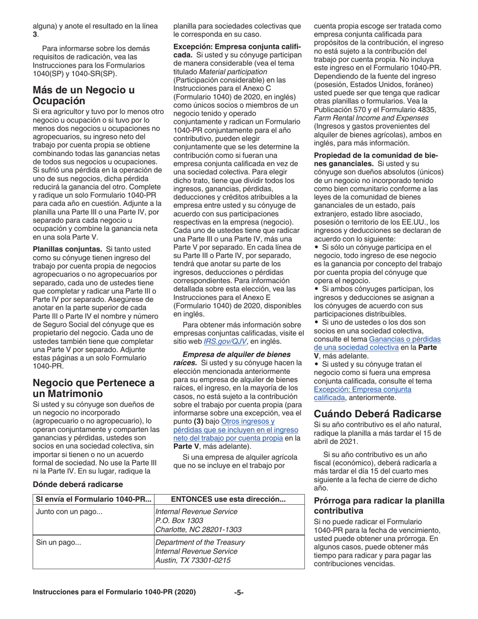 Instrucciones para IRS Formulario 1040-PR Planilla Para La Declaracion De La Contribucion Federal Sobre El Trabajo Por Cuenta Propia (Incluyendo El Credito Tributario Adicional Por Hijos Para Residentes Bona Fide De Puerto Rico) (Puerto Rican Spanish), Page 5