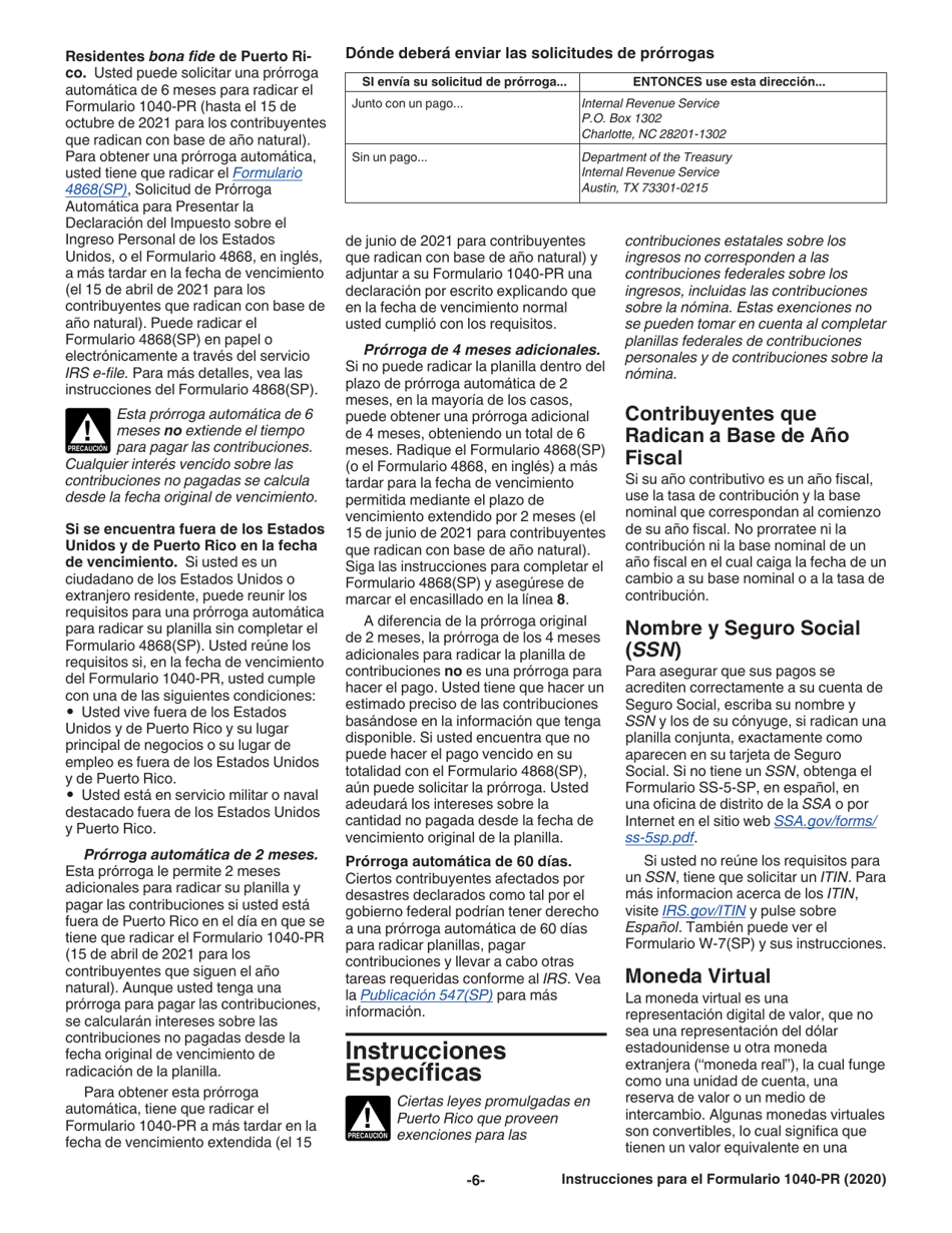 Instrucciones para IRS Formulario 1040-PR Planilla Para La Declaracion De La Contribucion Federal Sobre El Trabajo Por Cuenta Propia (Incluyendo El Credito Tributario Adicional Por Hijos Para Residentes Bona Fide De Puerto Rico) (Puerto Rican Spanish), Page 6