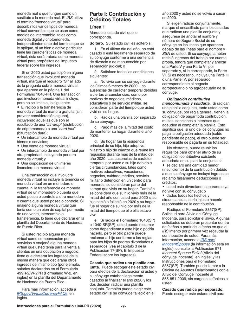 Instrucciones para IRS Formulario 1040-PR Planilla Para La Declaracion De La Contribucion Federal Sobre El Trabajo Por Cuenta Propia (Incluyendo El Credito Tributario Adicional Por Hijos Para Residentes Bona Fide De Puerto Rico) (Puerto Rican Spanish), Page 7