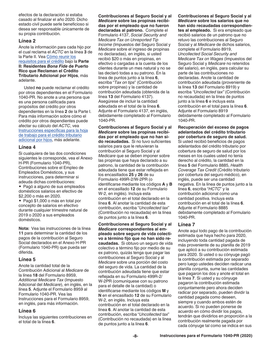 Instrucciones para IRS Formulario 1040-PR Planilla Para La Declaracion De La Contribucion Federal Sobre El Trabajo Por Cuenta Propia (Incluyendo El Credito Tributario Adicional Por Hijos Para Residentes Bona Fide De Puerto Rico) (Puerto Rican Spanish), Page 8