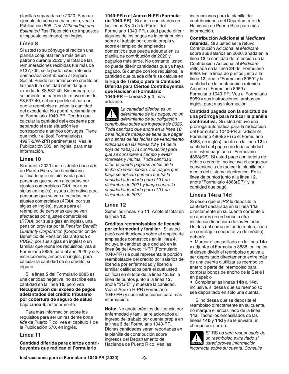 Instrucciones para IRS Formulario 1040-PR Planilla Para La Declaracion De La Contribucion Federal Sobre El Trabajo Por Cuenta Propia (Incluyendo El Credito Tributario Adicional Por Hijos Para Residentes Bona Fide De Puerto Rico) (Puerto Rican Spanish), Page 9