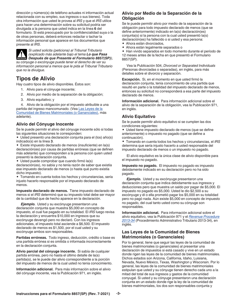 Instrucciones para IRS Formulario 8857(SP) Solicitud Para Alivio Del Conyuge Inocente (Spanish), Page 3